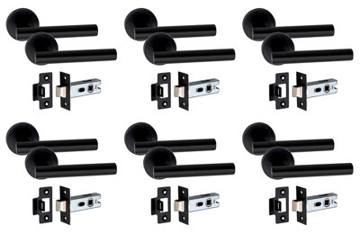 6 Set Straight T-Bar Design Internal Door Handle On Round Rose Latch Door Handles with 2.5" Tubular Latch Matt Black Finish - GG