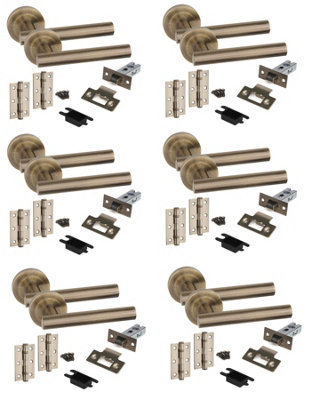 6 Set Straight T-Bar Door Handles Set Ball Bearing Hinges and Latches Antique Brass Finish