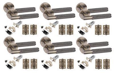 6 Set Straight T-Bar Knurled Door Handles Set Ball Bearing Hinges and Latches Antique Brass Finish
