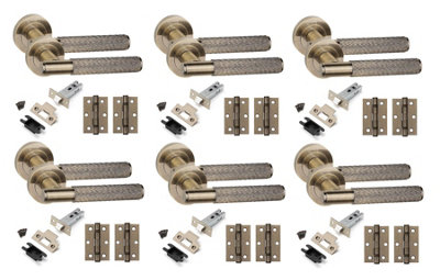 6 Set Straight T-Bar Linear Door Handles Set Ball Bearing Hinges and Latches Antique Brass Finish