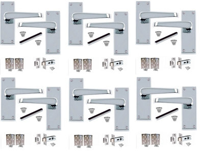 6 Set Victorian Straight Polished Chrome Lever Latch Door Handles Sets with 2.5 " Latch and Standard Butt Hinges