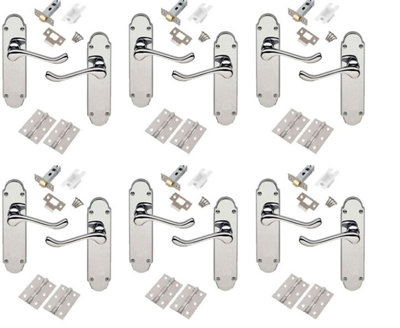 6 Sets Epsom Victorian Shaped Backplate Scroll Style Scroll Internal Door Handles with Hinges and Latches - Polished Chrome
