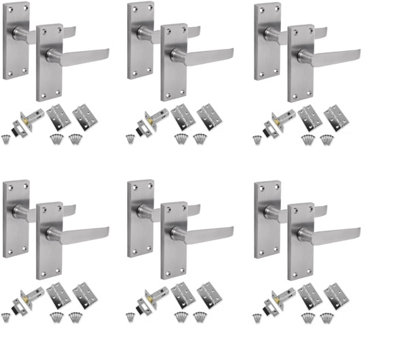 6 Sets of Victorian Straight Latch Door Handles Satin Brushed Chrome Hinges & Latches Pack Sets 120mm Long