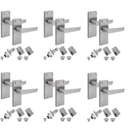 6 Sets of Victorian Straight Latch Door Handles Satin Brushed Chrome Hinges & Latches Pack Sets 120mm Long
