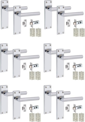 6 Sets Victorian Straight T-Bar Handle Latch Door Handles Silver Polished Chrome 1 Pair 3" Ball Bearing Hinges 150mm x 40mm