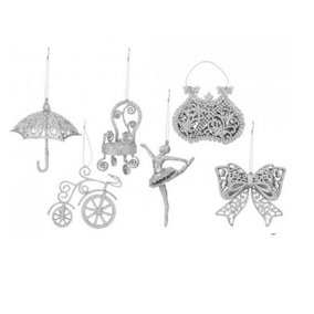 6 Silver Christmas Tree Decorations Glitter Vintage Bow Bicycle Dancer