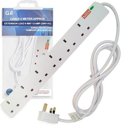 6 Socket Extension Lead 2 Metre Cable with UK Plug Multi Plug Power ...