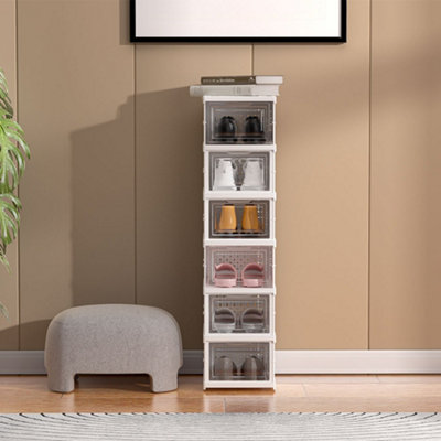 6 Tier 6 Compartment White Stackable Foldable Shoe Storage Box Unit for Home Hallway and Corner