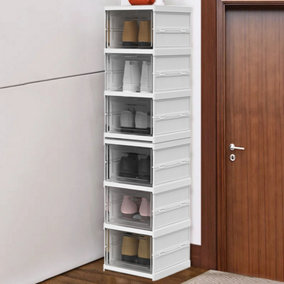 6 Tier 6 Compartment White Stackable Foldable Shoe Storage Box Unit for Home Hallway and Corner
