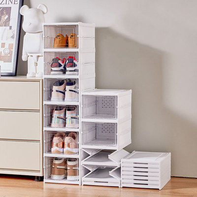 6 Tier 6 Compartment White Stackable Foldable Shoe Storage Box Unit for Home Hallway and Corner