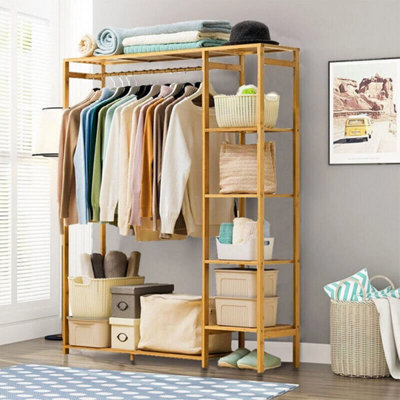 6 Tier Bamboo Garment Rack Storage Shelves Clothes Hanging