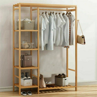 6 Tier Bamboo Garment Rack Storage Shelves Clothes Hanging