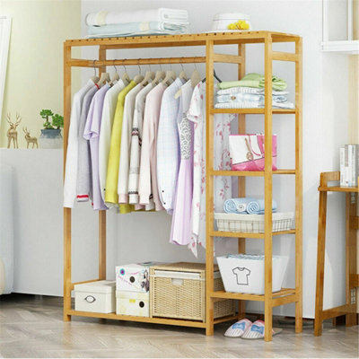 6 Tier Bamboo Garment Rack Storage Shelves Clothes Hanging