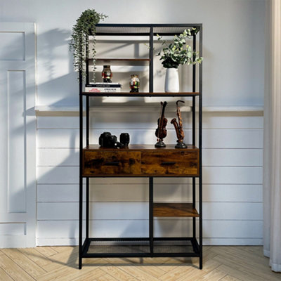 6 Tier Bookcase Tall Bookshelf with 2 Drawers Storage Rack with Metal ...