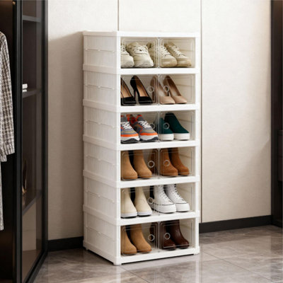 6 Tier Double Shoe Storage Organiser Box Foldable and Stackable Clear ...