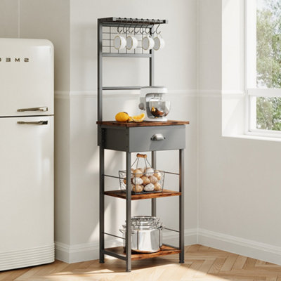 6-Tier Freestanding Kitchen Storage Shelf with Drawer and Hooks, 42cm W x 30cm D x 135cm H