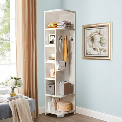 6-Tier Tall Open-Style Freestanding Corner Cabinet with Hooks Shelves, White 180cm H