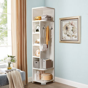 6-Tier Tall Open-Style Freestanding Corner Cabinet with Hooks Shelves, White