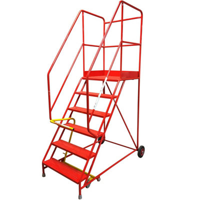 6 Tread Heavy Duty Mobile Warehouse Safety Ladder with Punched Steps - 2.35m