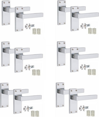 6 Victorian Straight Delta Handle Sets, Polished Chrome, 1 Pair 3" Ball Bearing Hinges, Latches Pack, 120mm x 40mm - Golden Grace
