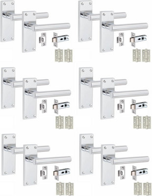 6 Victorian Straight T-Bar Handle Sets, Polished Chrome, 1 Pair 3" Ball Bearing Hinges, Latches Pack, 120mm x 40mm - Golden Grace