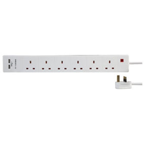 6 Way Mains Power Extension Lead with 2 x USB Ports, 2m, White