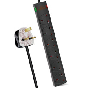 6 Way Socket with Cable 3G1.25,1M,Black,with Power Indicater,,Child Resistant Sockets,Surge Indicator