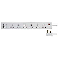 6 Way Surge Protected Mains Power Extension Lead with 2 x USB Ports, 1m, White -
