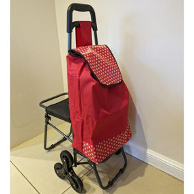 6 Wheel Stair Climbing Shopping Trolley Bag with Fold Down Seat - Lightweight Water Repellent Portable Utility Grocery Cart - Red