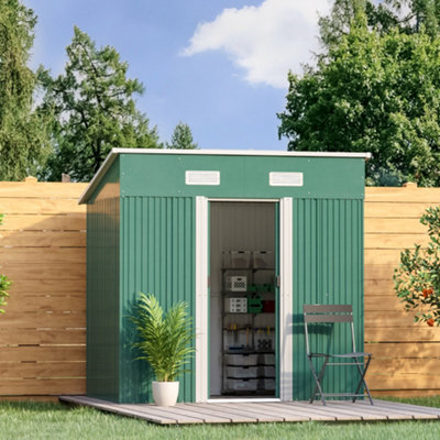 6 x 4 ft Pent Metal Garden Storage Shed Outdoor Tool House with Base, Dark Green