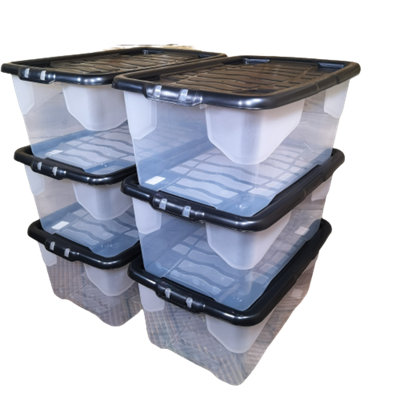 6 x 42L Clear Storage Box with Black Lid, Stackable and Nestable Design ...