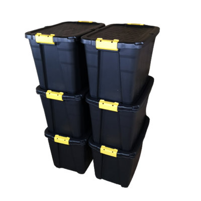 6 x 60L Heavy Duty Storage Tubs Sturdy, Lockable, Stackable and Nestable Design Storage Chests with Clips in Black