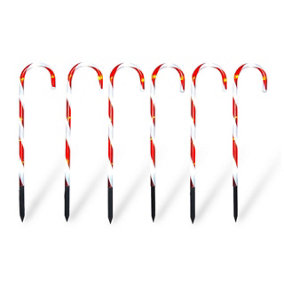 6 x Battery Powered Christmas Candy Cane LED Stake Lights - Festive Xmas Lighting Decoration with Timer - Each H57 x W13 x D1cm