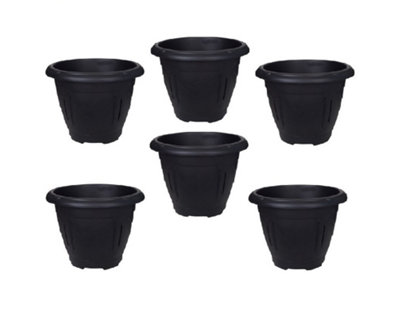 6 x Black Round Venetian Pot Decorative Plastic Garden Flower Planter Pot 24cm