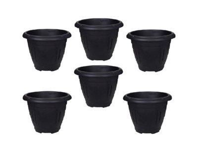 6 x Black Round Venetian Pot Decorative Plastic Garden Flower Planter Pot 33cm