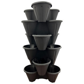 6 x Black Trio 3 Pot Strawberry Stacking Planters For Planting, Gardening, Herbs & Flowers