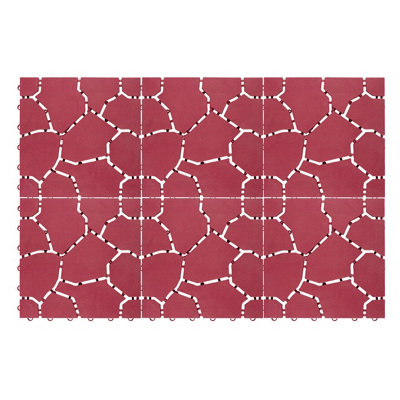 6 x Plastic Interlocking Patio & Deck Tiles - All Weather Outdoor Garden Patterned Paving - Each Tile 28 x 28 x 1.5cm, Brick Red