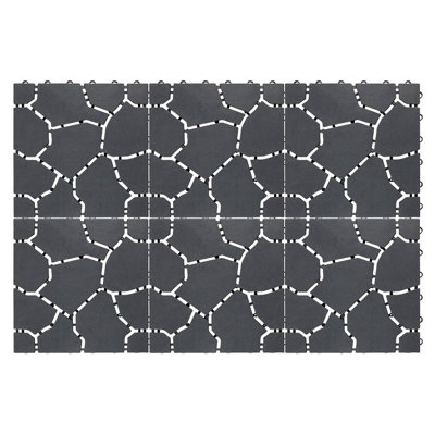 6 x Plastic Interlocking Patio & Deck Tiles - All Weather Outdoor Garden Patterned Paving - Each Tile 28 x 28 x 1.5cm, Grey