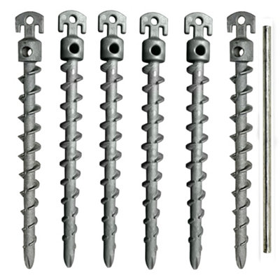 6 x Screw Tent Pegs for Hard Stony Ground and Gravel Pitches with Turning Bar (Peg Size: 19cm x 7.5mm)