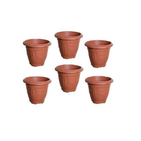 6 x Terracotta Colour Round Venetian Pot Decorative Plastic Garden Flower Planter Pot 24cm