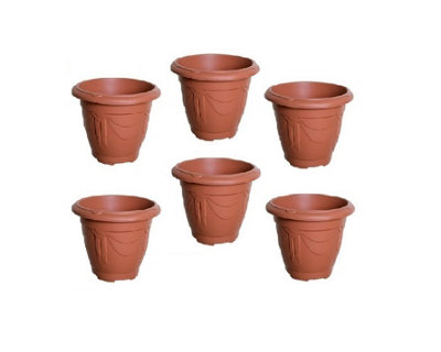 6 x Terracotta Colour Round Venetian Pot Decorative Plastic Garden Flower Planter Pot 33cm