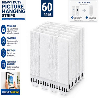60 Pairs Picture Hanging Strips Heavy Duty Frame Adhesive Strips Wall ...