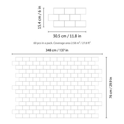 60 Pieces 30.5 x 15.4 cm 3D Tile Stickers Pure White Grey - 5