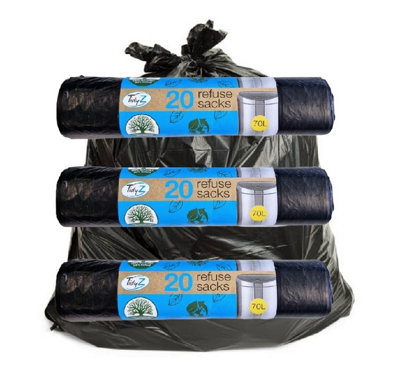 60 Recyclable Black Bin Bags Household Refuse Sacks 70L Rubbish Waste