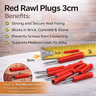 60 Red Rawl Plugs 3cm Wall Expansion Plugs Screw Fixings for Brick ...