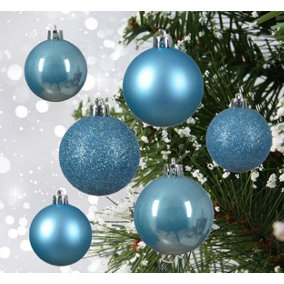 60 Sugar Blue Baubles Assorted Shatterproof Christmas Tree Hanging Decs