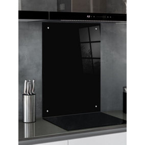 60 x 65cm Black Glass Kitchen Splashback Splatter Screen Pre Drilled Holes Wall Hanging Fixings Included
