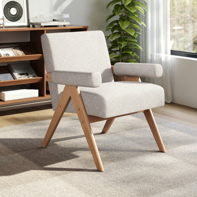 60 x 67 x Beige Linen Upholsteried Armchair with Wooden