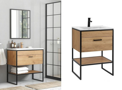 600 Bathroom Vanity Sink Unit Cabinet with Basin Black Steel Oak Finish Freestanding Loft Industrial Brook
