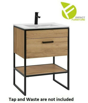 600 Bathroom Vanity Sink Unit Cabinet with Basin Black Steel Oak Finish Freestanding Loft Industrial Brook